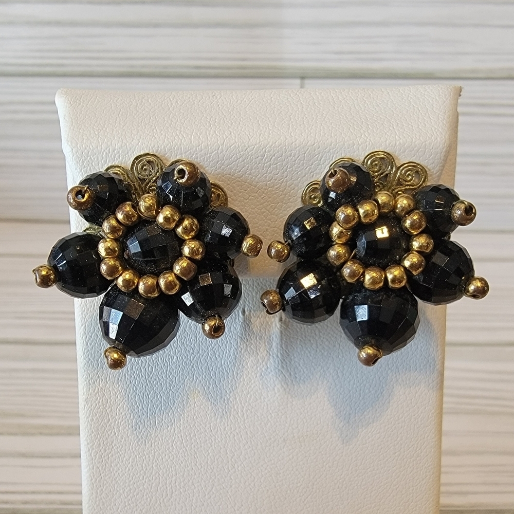 Vintage Marvella Black Faceted Bead Gold Tone Floral Clip On Earrings